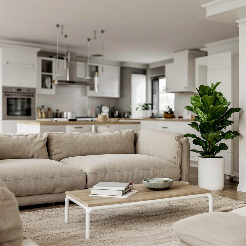 Das Foto zeigt ein Wohnzimmer mit offener Küche