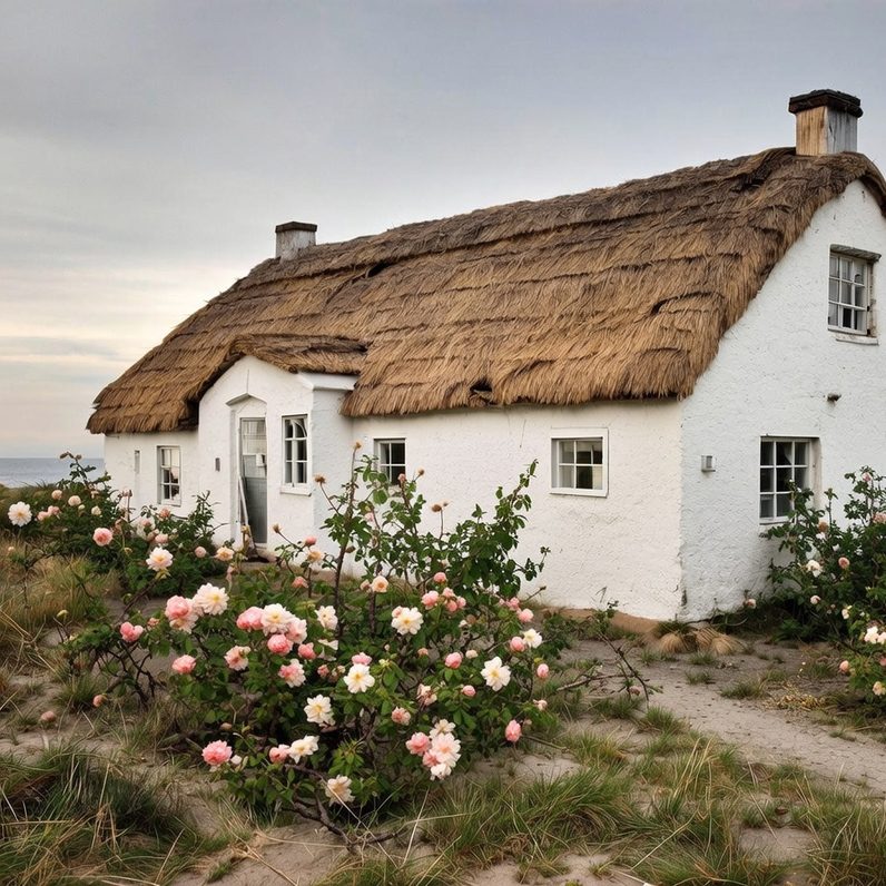 Das Foto zeigt ein weißes reetgedecktes Haus am Meer